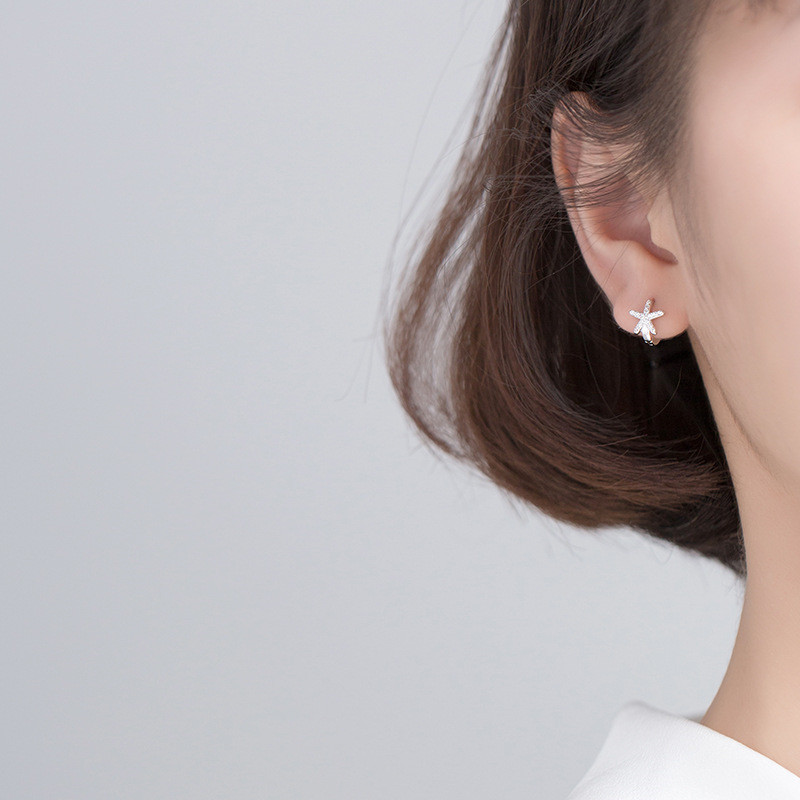 Picture of Sterling Silver Hoop Earrings Silver Color Starfish Clear Rhinestone 8mm, 1 Pair