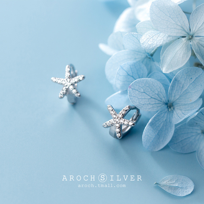 Picture of Sterling Silver Hoop Earrings Silver Color Starfish Clear Rhinestone 8mm, 1 Pair