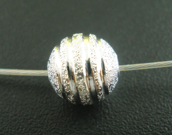 Picture of Brass Spacer Beads Ball Silver Plated Stripe Carved Sparkledust About 8mm( 3/8") Dia, Hole: Approx 1.9mm, 80 PCs