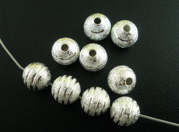 Picture of Brass Spacer Beads Ball Silver Plated Stripe Carved Sparkledust About 8mm( 3/8") Dia, Hole: Approx 1.9mm, 80 PCs