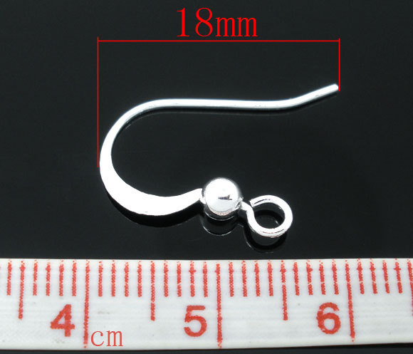 Picture of Brass Ear Wire Hooks Earring Findings Silver Plated 17mm( 5/8") x 18mm( 6/8"), Post/ Wire Size: (21 gauge), 200 PCs