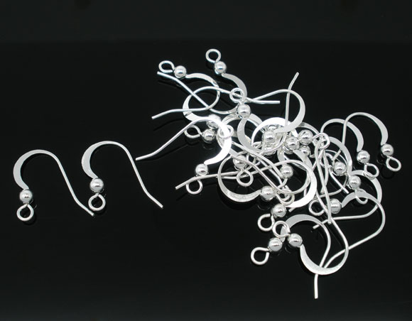 Picture of Brass Ear Wire Hooks Earring Findings Silver Plated 17mm( 5/8") x 18mm( 6/8"), Post/ Wire Size: (21 gauge), 200 PCs