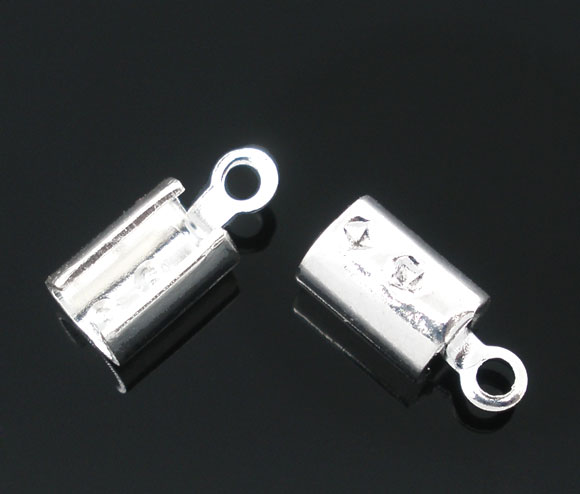 Picture of 200 PCs Brass End Caps For Necklace Bracelet Jewelry Making Cylinder Silver Plated (Fits 3mm Cord) 10mm x 4mm