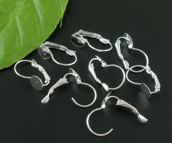 Picture of Brass Clip On Earring Cabochon Settings Round Silver Plated (Fits 8mm Dia.) 21mm( 7/8") x 14mm( 4/8"), Post/ Wire Size: (20 gauge), 50 PCs