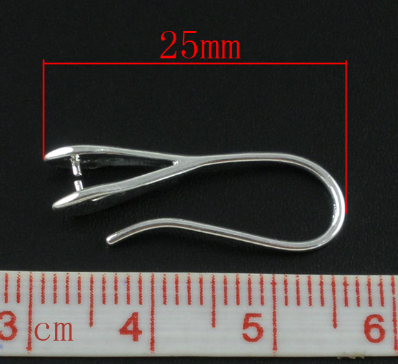 Picture of Brass Ear Wire Hooks Earring Findings Silver Plated 25mm(1") x 13mm( 4/8"), Post/ Wire Size: (20 gauge), 10 PCs