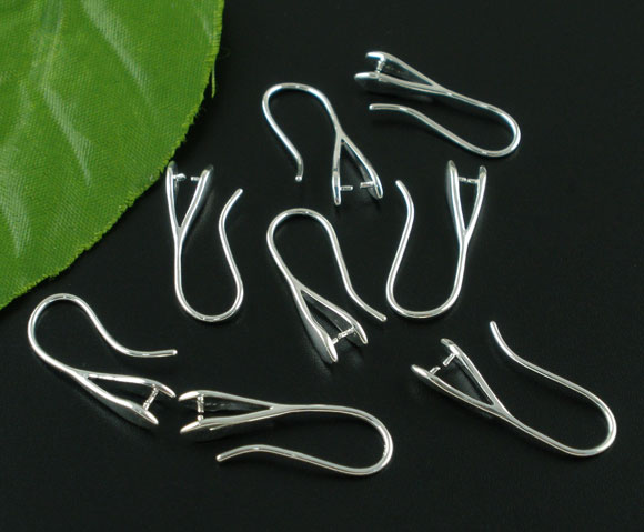 Picture of Brass Ear Wire Hooks Earring Findings Silver Plated 25mm(1") x 13mm( 4/8"), Post/ Wire Size: (20 gauge), 10 PCs