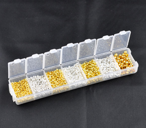 Bild von 1 Box (ca. 3700 Stück/Set) Kunststoff und Messing Knotenabdeckung Quetschperlen für die DIY-Schmuckherstellung Rund Vergoldet & Versilbert 2mm-4mm Dia.