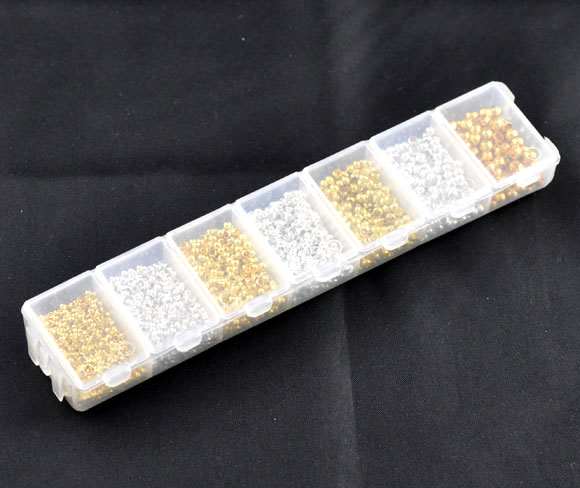 Bild von 1 Box (ca. 3700 Stück/Set) Kunststoff und Messing Knotenabdeckung Quetschperlen für die DIY-Schmuckherstellung Rund Vergoldet & Versilbert 2mm-4mm Dia.