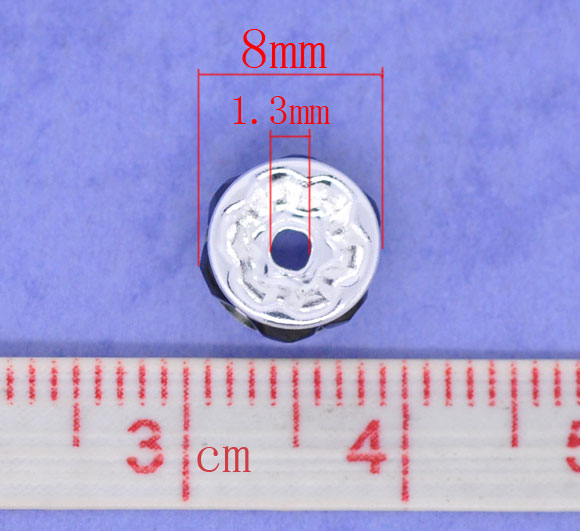 Bild von Messing Rondelle Spacer Perlen Zwischenperlen Rund Versilbert Schwarz Strass ca. 8mm D., Loch:ca. 1.3mm, 100 Stück                                                                                                                                            