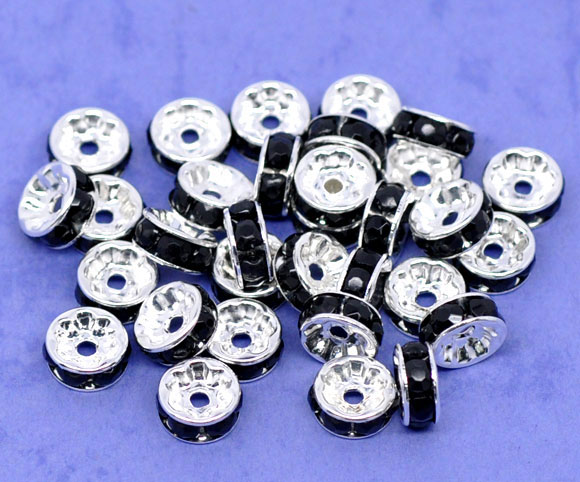 Bild von Messing Rondelle Spacer Perlen Zwischenperlen Rund Versilbert Schwarz Strass ca. 8mm D., Loch:ca. 1.3mm, 100 Stück                                                                                                                                            