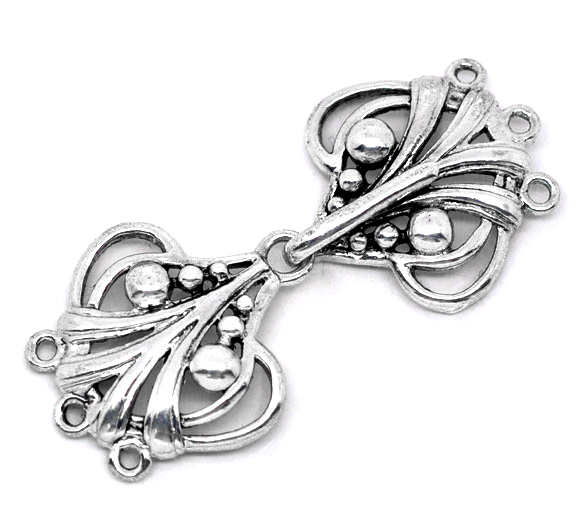 Bild von 5 Stück Messing Geschichtete Schnallenverschlüsse für stapelbare mehrschichtige Halsketten-Armbänder Herz Filigran Antiksilber