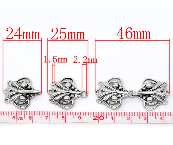 Bild von 5 Stück Messing Geschichtete Schnallenverschlüsse für stapelbare mehrschichtige Halsketten-Armbänder Herz Filigran Antiksilber