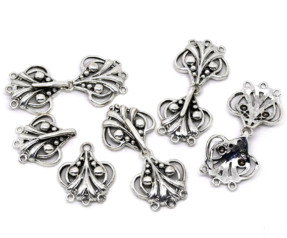 Bild von 5 Stück Messing Geschichtete Schnallenverschlüsse für stapelbare mehrschichtige Halsketten-Armbänder Herz Filigran Antiksilber