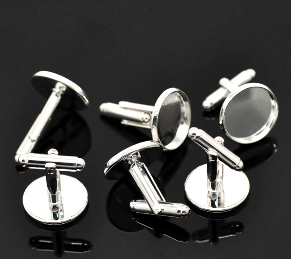Bild von Messing Manschettenknöpfe Rund Versilbert für 16mm Cabochon 26mm x 18mm 50 Stück
