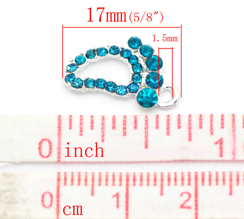 Picture of 10PCs Cute Silver Plated Peacock Blue Rhinestone Foot Charm Pendants 17x11mm(5/8"x3/8")