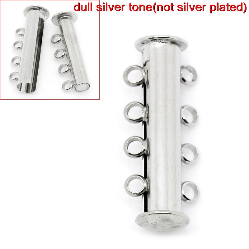 Picture of Brass 4 Strand Magnetic Slide Lock Clasps Cylinder Silver Tone 25mm(1") x 10mm( 3/8"), 5 Sets