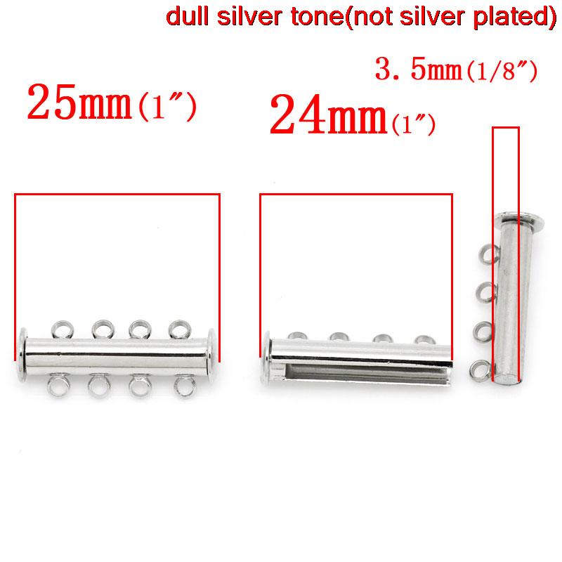 Picture of Brass 4 Strand Magnetic Slide Lock Clasps Cylinder Silver Tone 25mm(1") x 10mm( 3/8"), 5 Sets