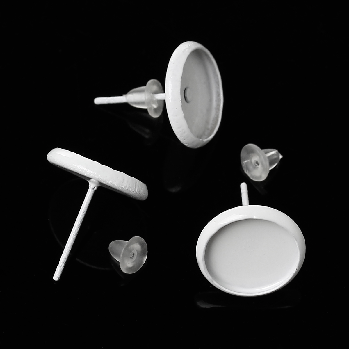 Picture of Brass Ear Post Stud Earrings Cabochon Settings Round White Painting (Fits 10mm Dia) 14mm x 12mm( 4/8" x 4/8"), Post/ Wire Size: (21 gauge), 50 PCs