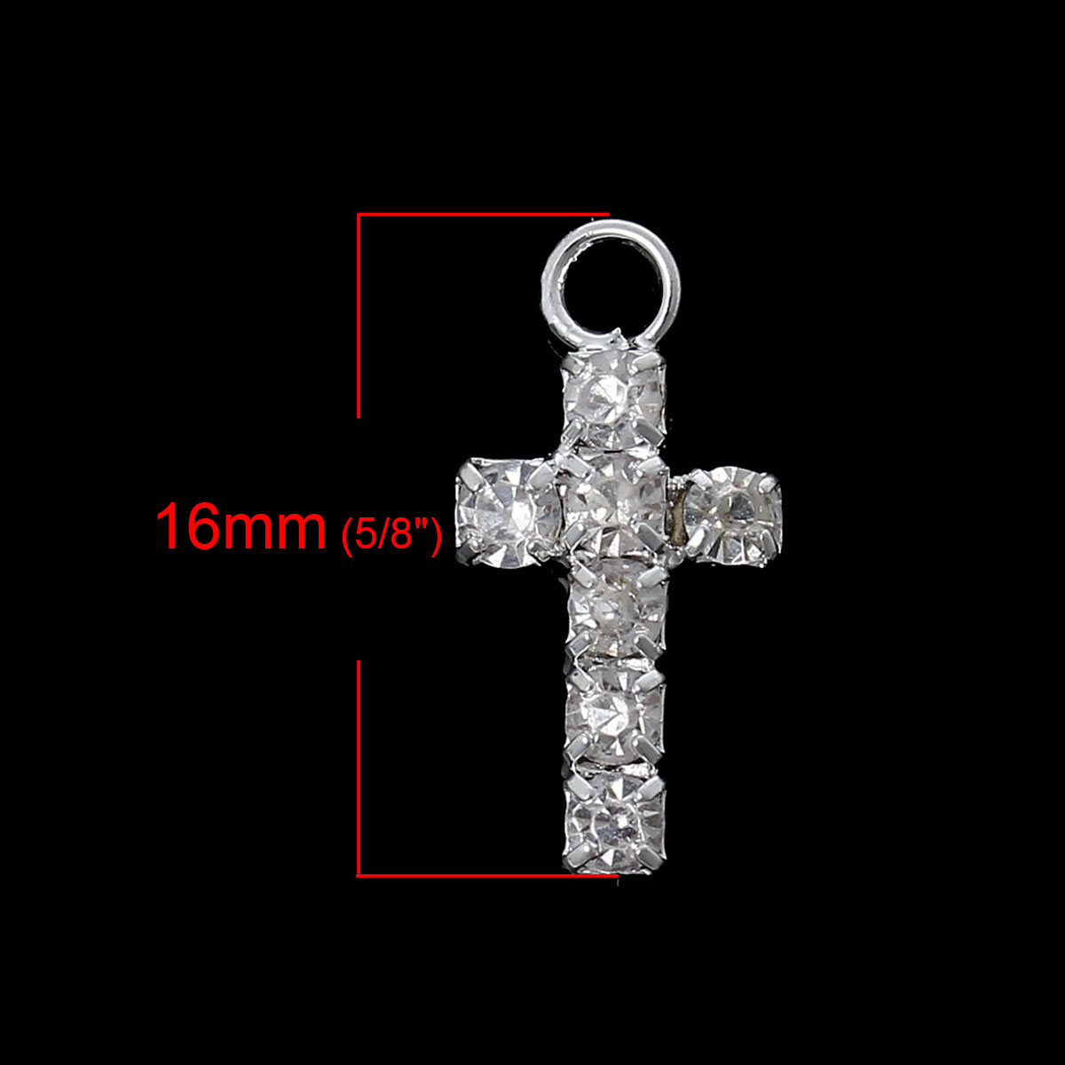 真鍮+ラインストーン チャーム ペンダント クロス 銀メッキ 透明ラインストーン 16mmx 7mm、 10 個                                                                                                                                                                                                       の画像