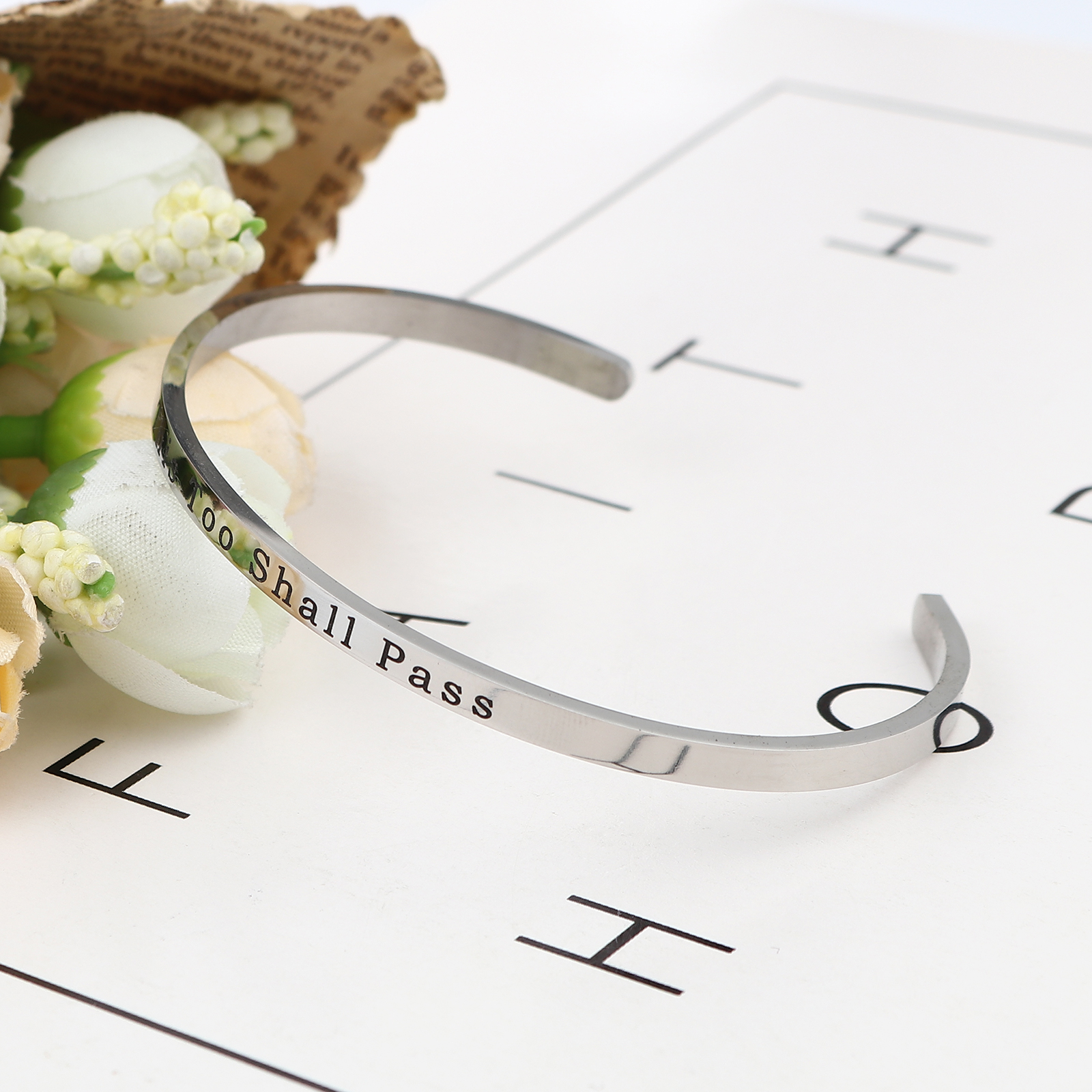 Picture of 304 Stainless Steel Open Cuff Bangles Bracelets Silver Tone Message " This Too Shall Pass " 17cm(6 6/8") long, 1 Piece
