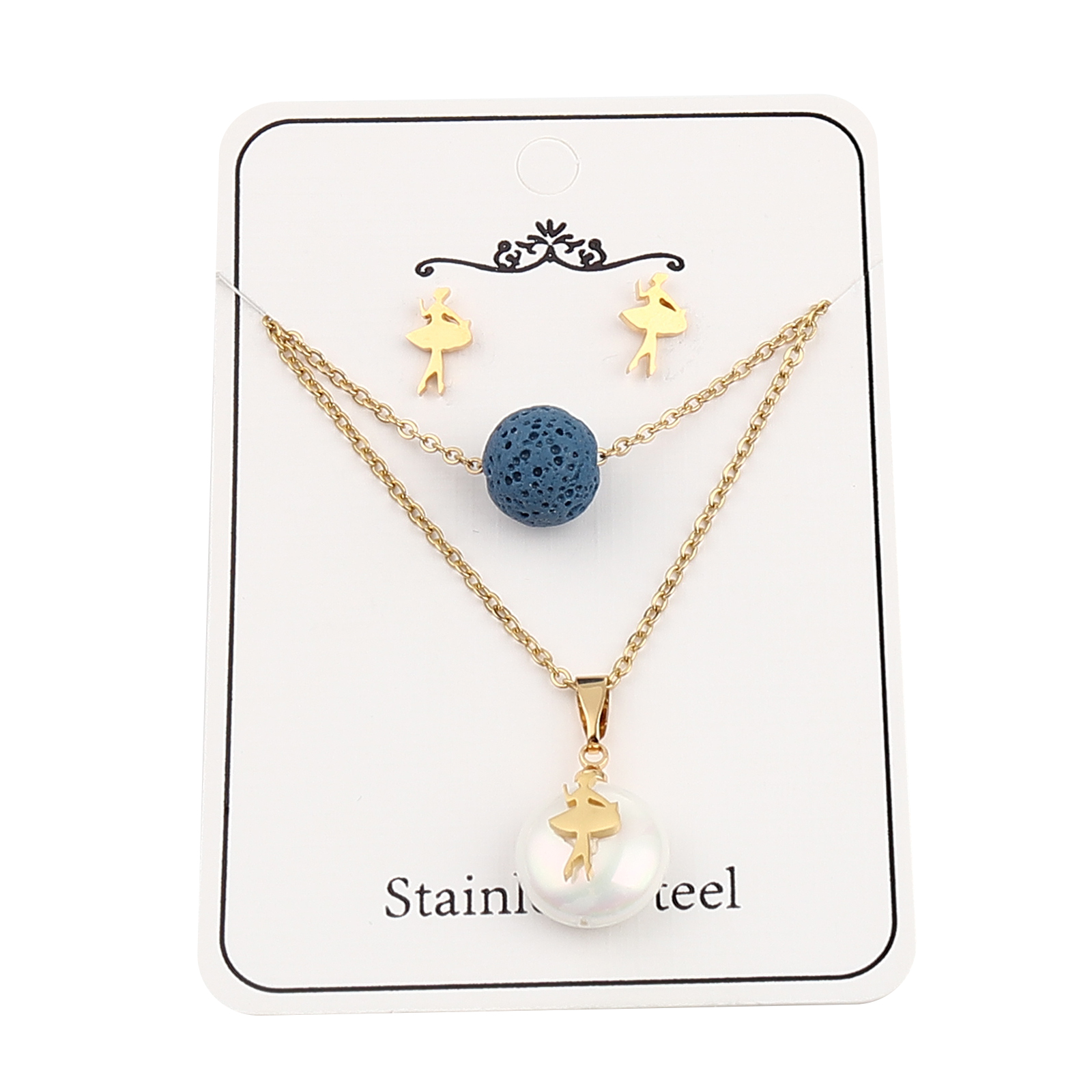 Picture of Stainless Steel & Lava Rock Jewelry Necklace Stud Earring Set Gold Plated Dark Blue Dancing girl Round Imitation Pearl 40cm(15 6/8") long, 10mm x 6mm, Post/ Wire Size: (21 gauge), 1 Set