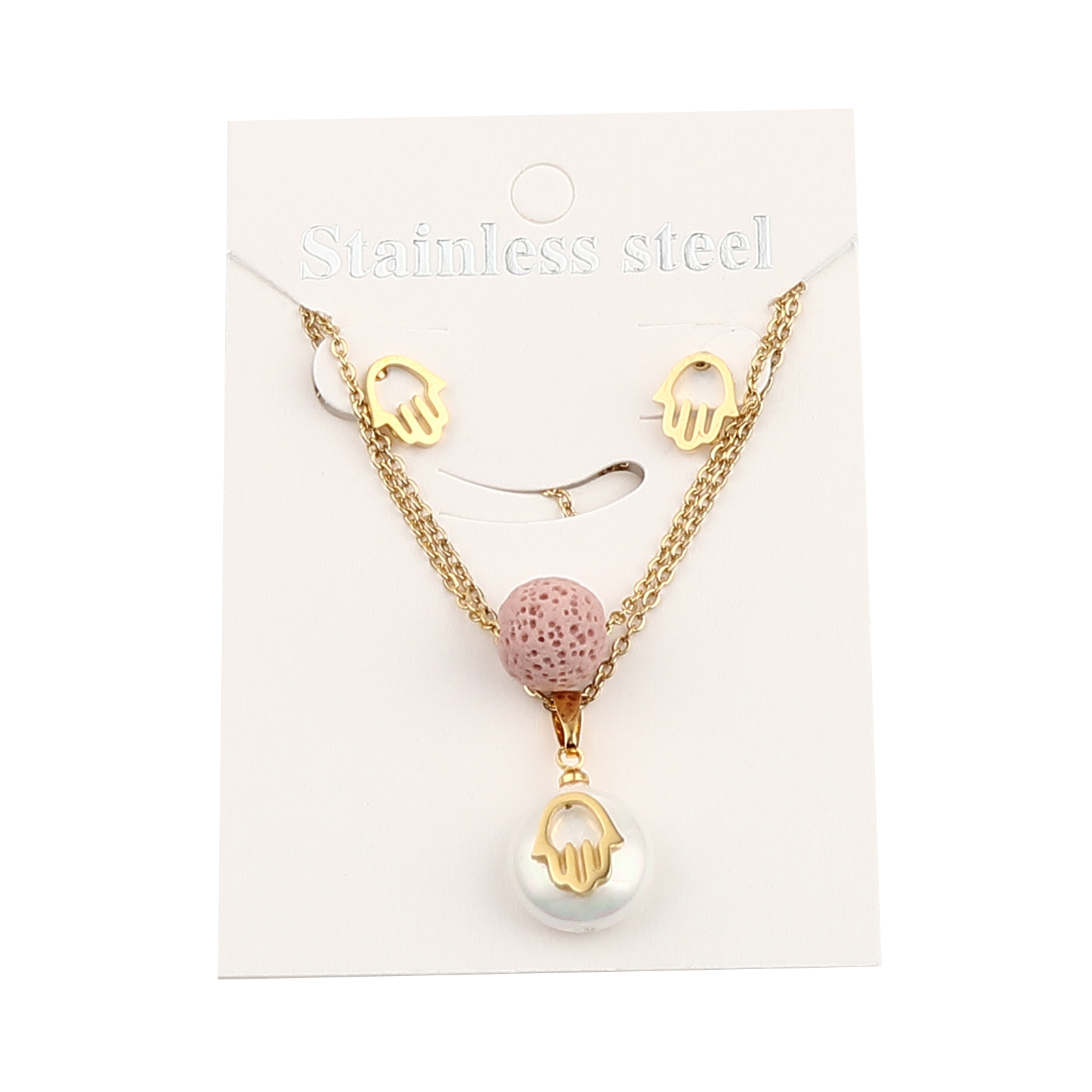Picture of Stainless Steel & Lava Rock Religious Jewelry Necklace Stud Earring Set Gold Plated Pink Round Hamsa Symbol Hand Imitation Pearl 40cm(15 6/8") long, 9mm x 8mm, Post/ Wire Size: (21 gauge), 1 Set