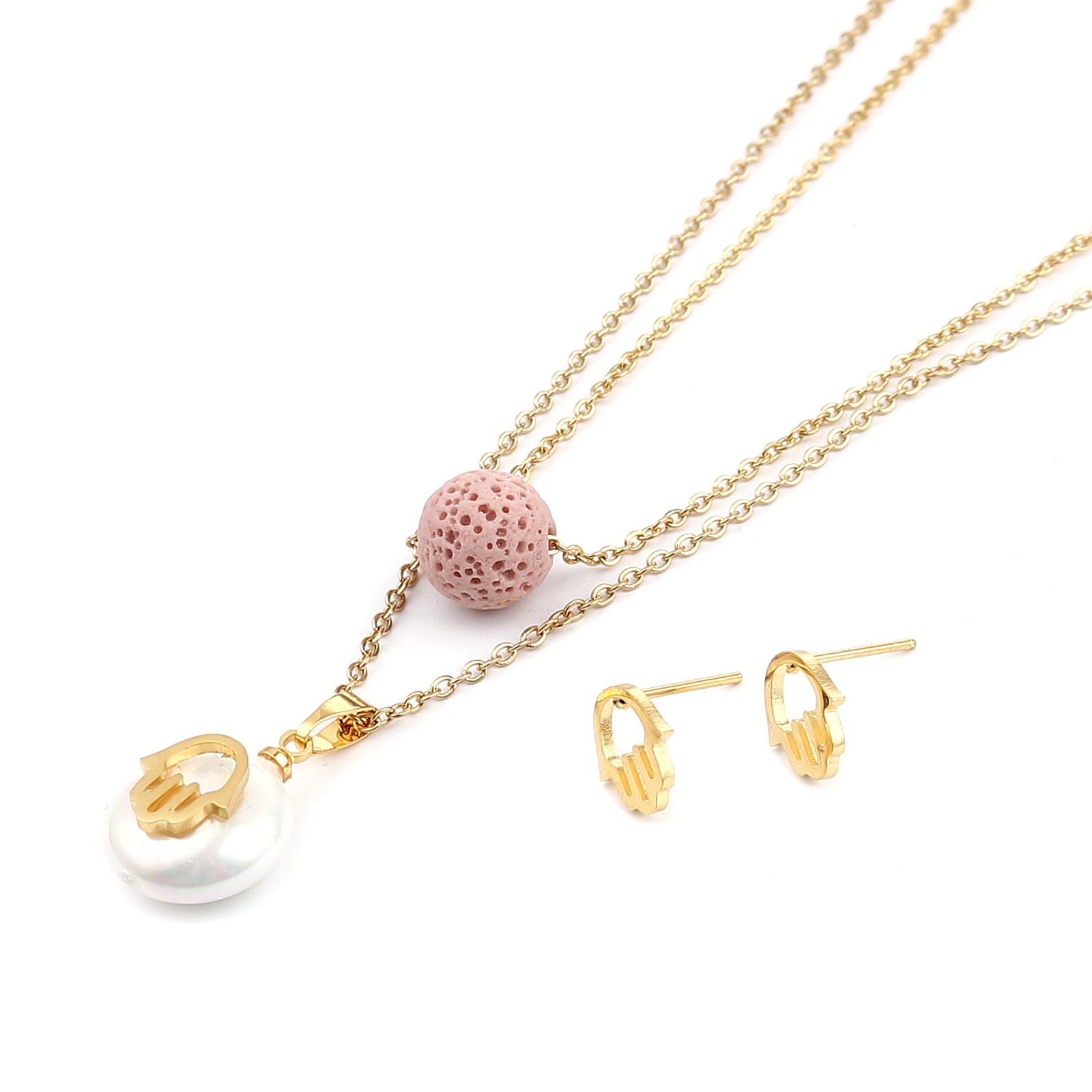 Picture of Stainless Steel & Lava Rock Religious Jewelry Necklace Stud Earring Set Gold Plated Pink Round Hamsa Symbol Hand Imitation Pearl 40cm(15 6/8") long, 9mm x 8mm, Post/ Wire Size: (21 gauge), 1 Set