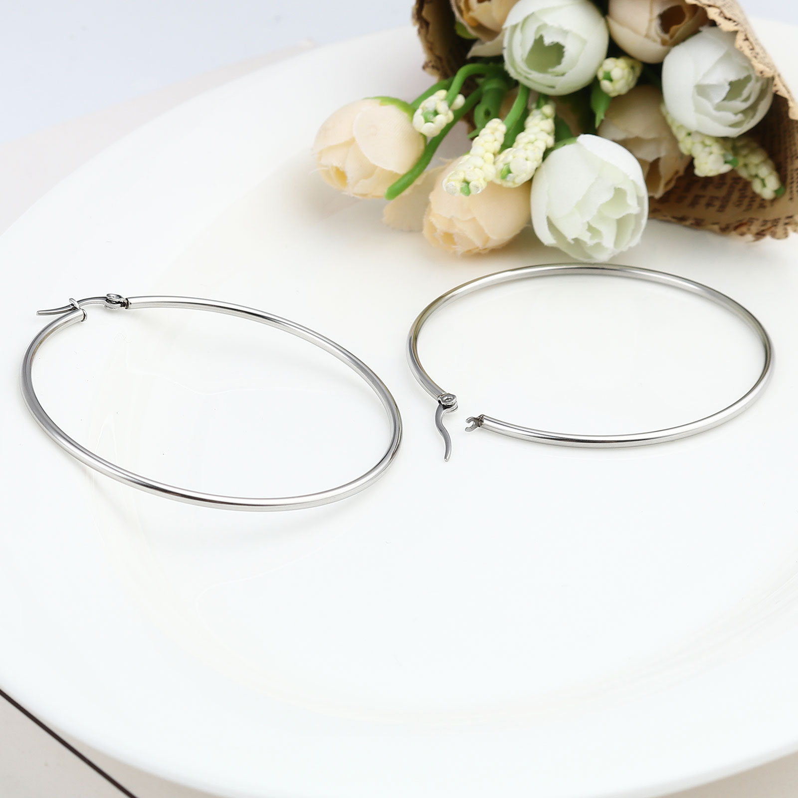 Picture of Stainless Steel Hoop Earrings Silver Tone Circle Ring 60mm Dia., Post/ Wire Size: (19 gauge), 5 Pairs
