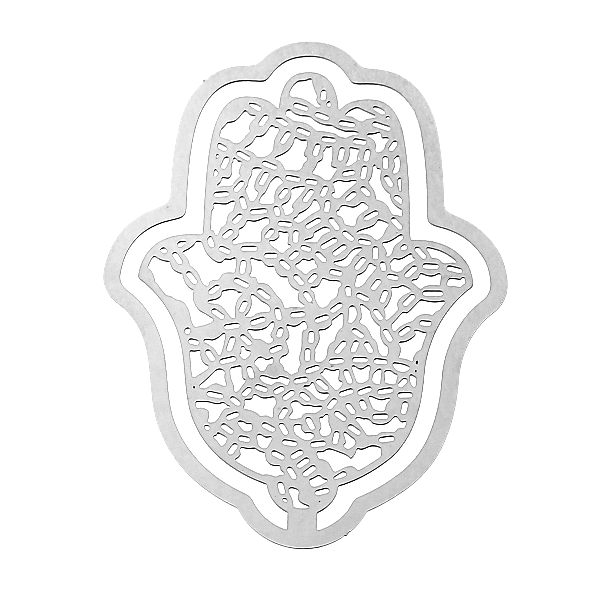 Picture of 304 Stainless Steel Filigree Stamping Embellishments Findings, Hamsa Symbol Hand Silver Tone, Hollow Carved 55mm(2 1/8") x 40mm(1 5/8"), 10 PCs