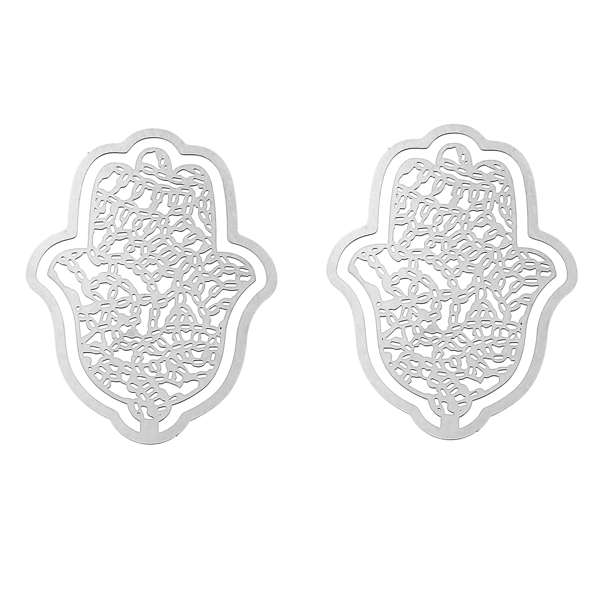 Picture of 304 Stainless Steel Filigree Stamping Embellishments Findings, Hamsa Symbol Hand Silver Tone, Hollow Carved 55mm(2 1/8") x 40mm(1 5/8"), 10 PCs