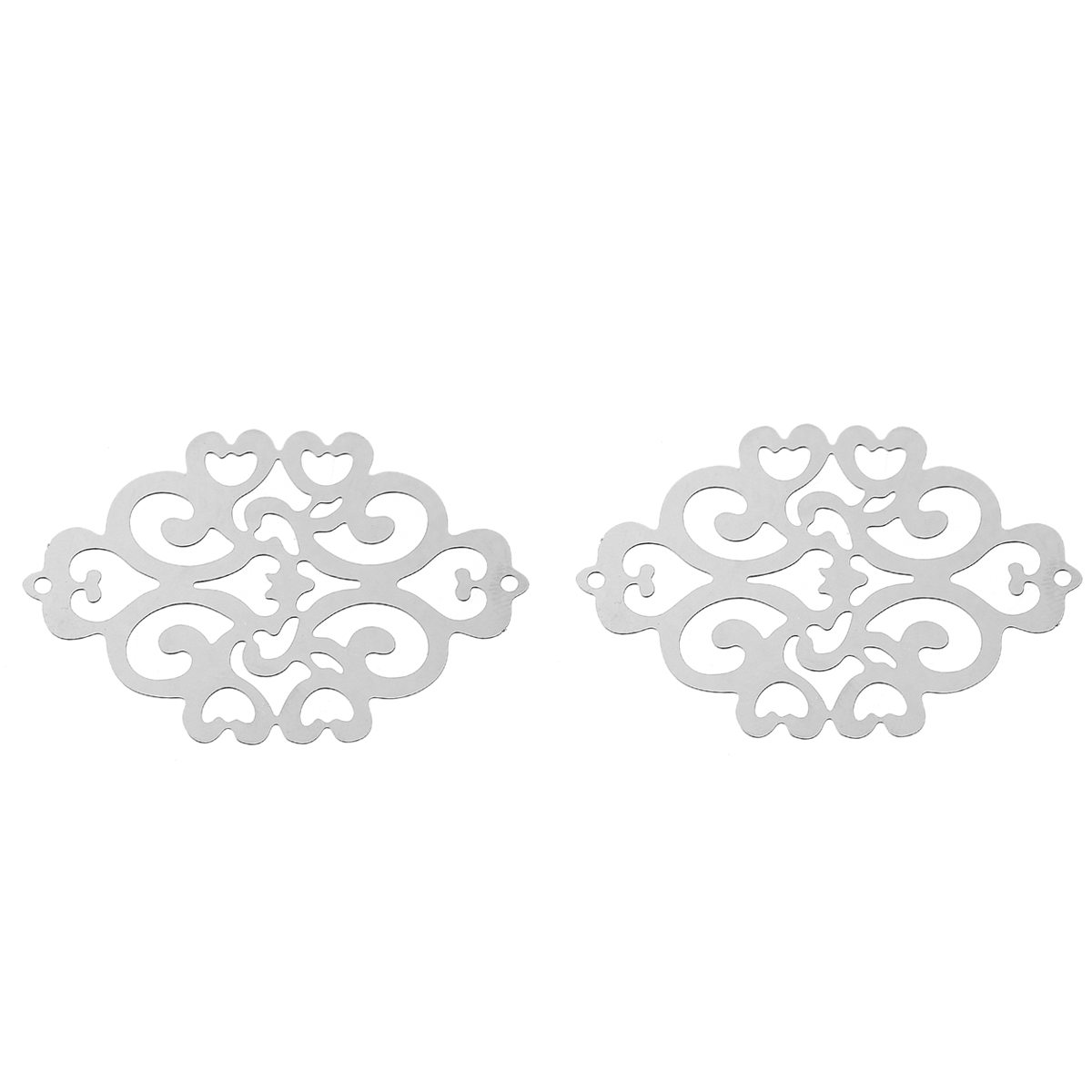 Picture of 304 Stainless Steel Filigree Stamping Connectors Findings Rhombus Silver Tone Heart Pattern Hollow 49mm(1 7/8") x 33mm(1 2/8"), 1 Piece