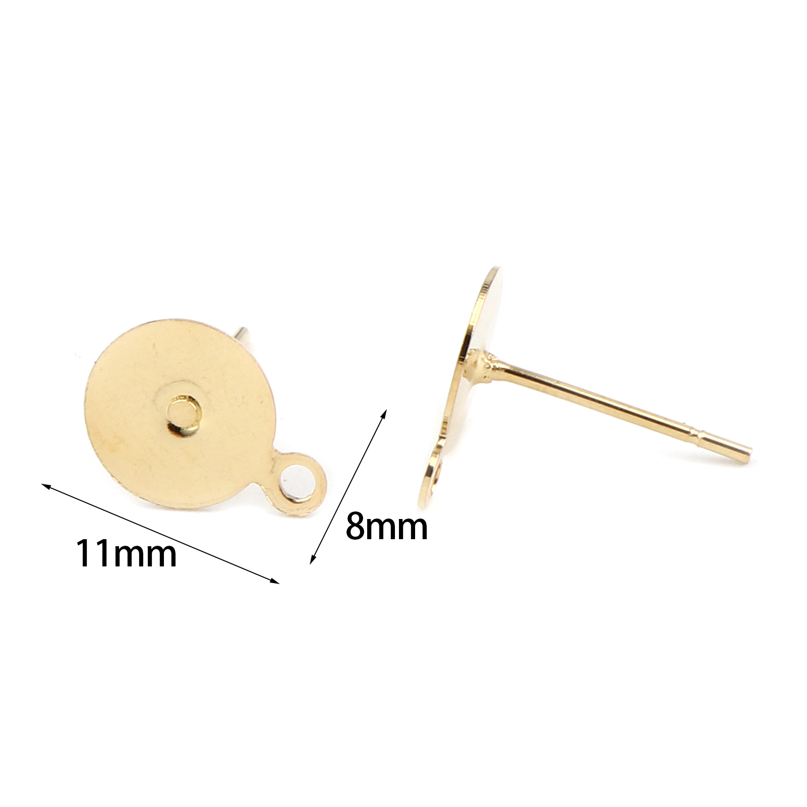 Bild von 20 Stück 304 Edelstahl Ohrstecker-Ohrstecker mit Schlaufenverbinder-Zubehör Rund Vergoldet Klebbar (für 8mm) 11mm x 8mm, Drahtstärke: 0.7mm(21 Gauge)