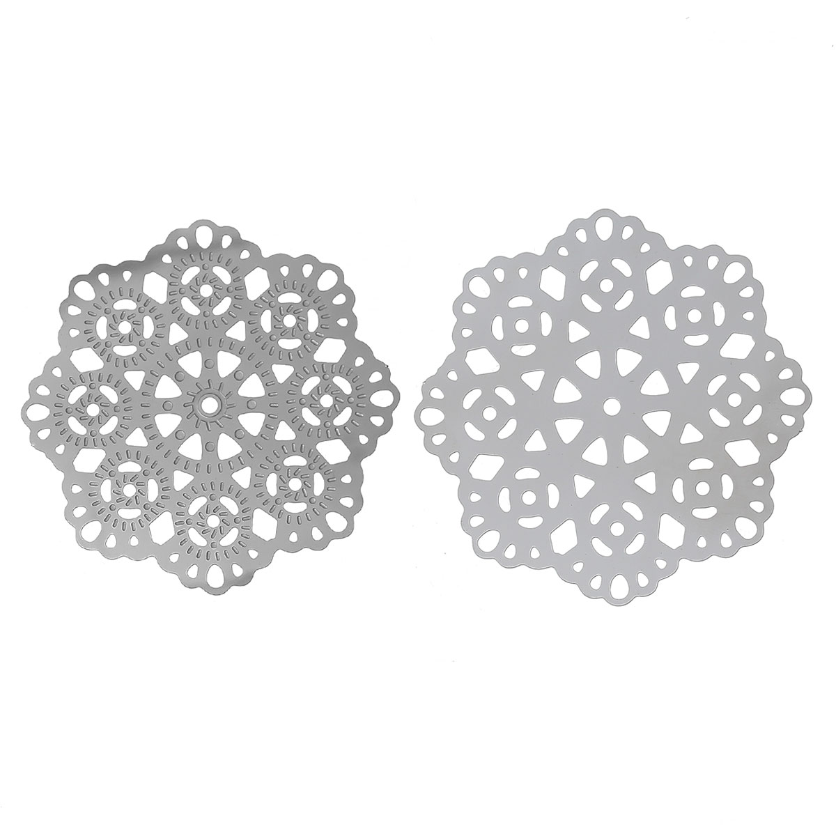 Picture of 304 Stainless Steel Filigree Stamping Embellishments Findings, Flower Silver Tone, Flower Hollow Carved 5.5cm(2 1/8") x 5.5cm(2 1/8"), 10 PCs