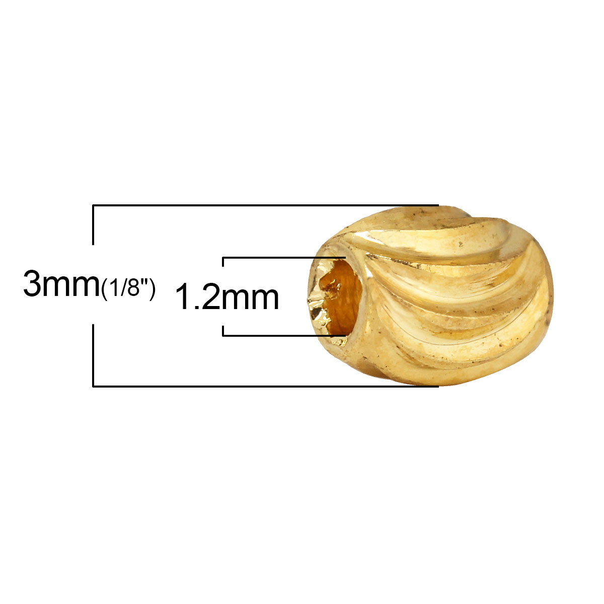 真鍮 メタル/金属 スペーサ ビーズ バレル 金メッキ ストライプ 彫刻 約 4mm x 3mm、 穴：約 1.2mm、 50 個 の画像