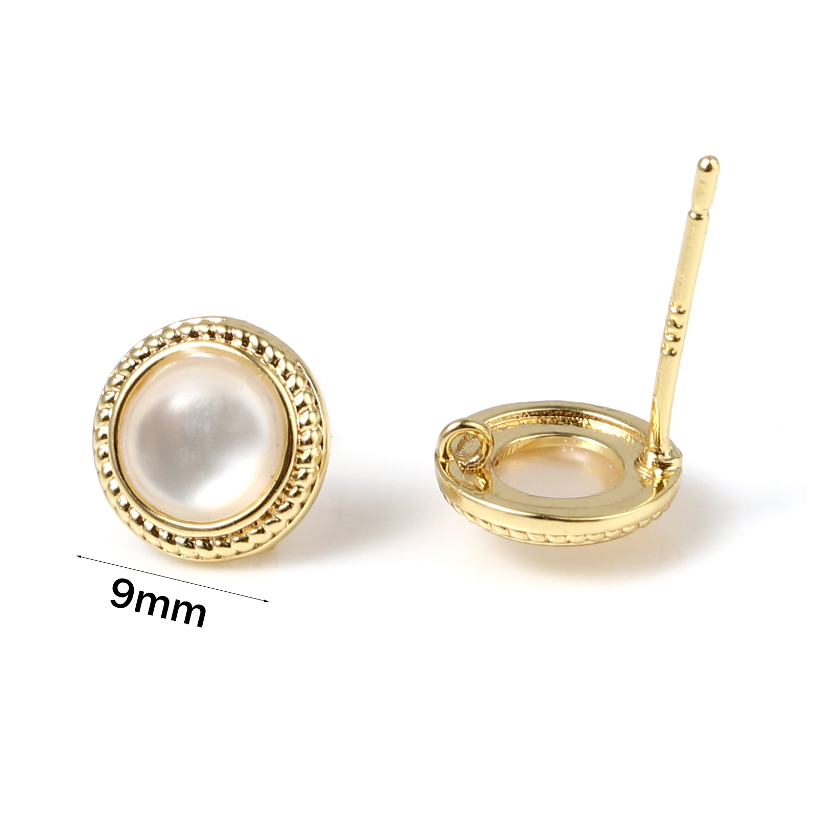真鍮+アクリル イヤリング 18K リアルゴールドメッキ 白 円形 ループ付き 9mm直径、 ワイヤーサイズ: （20号）、 2 個 の画像