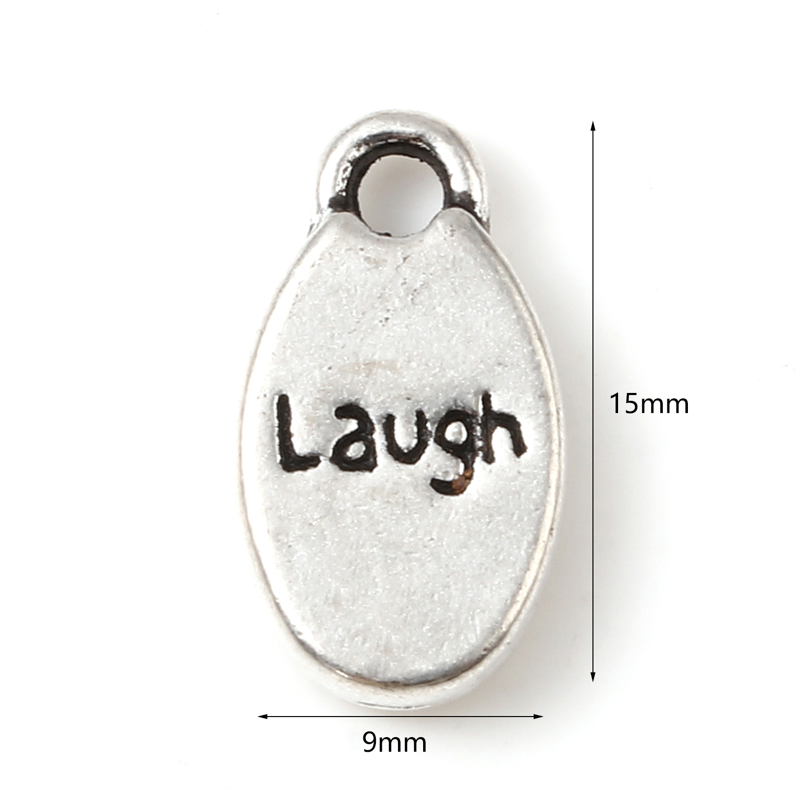 Immagine di Lega di Zinco Charms Ovale Argento Antico Lettere " Laugh " 15mm x 9mm , 50 Pz