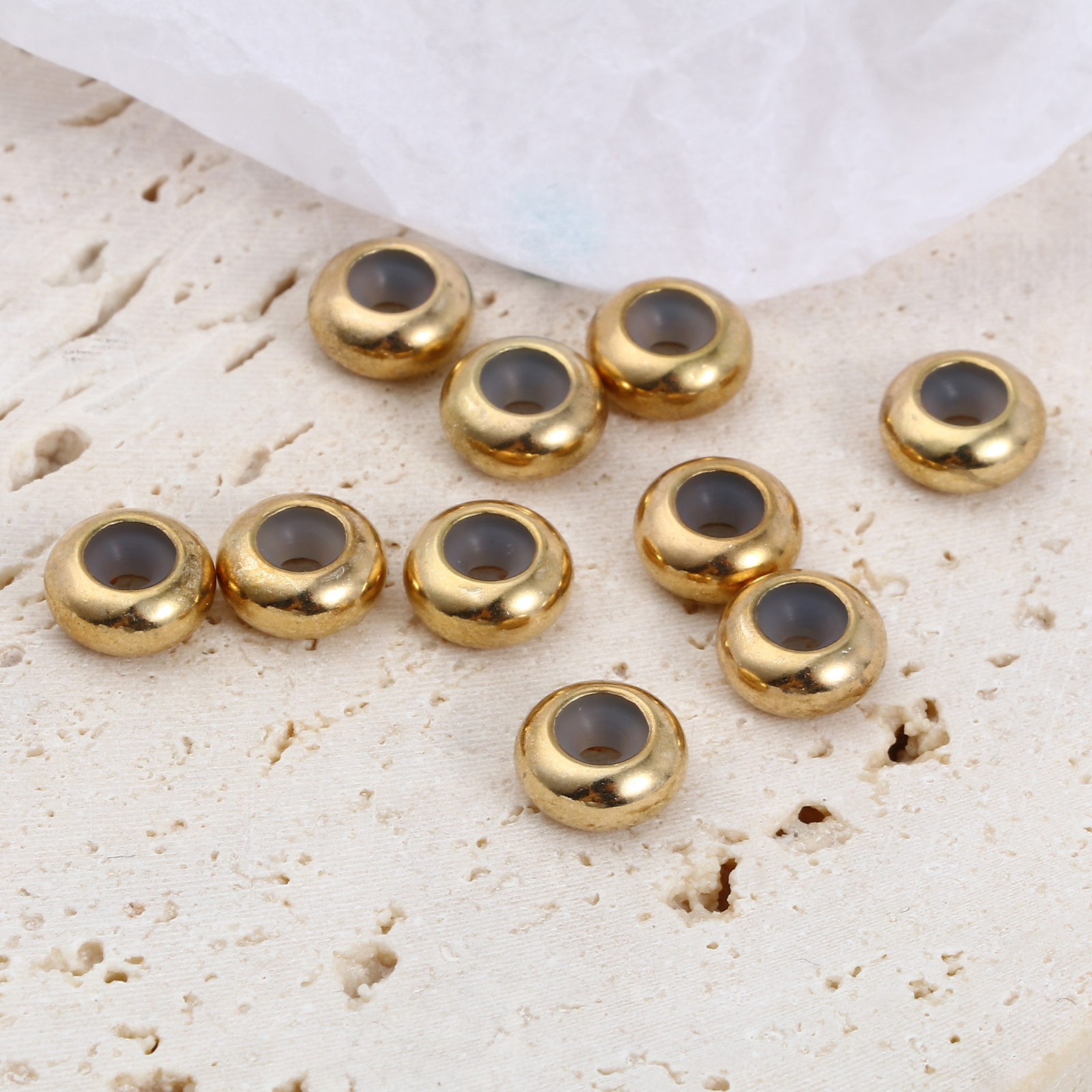 Picture of Brass & Silicone Slider Clasp Beads 18K Real Gold Plated Round About 8mm Dia, Hole: Approx 1.5mm, 5 PCs