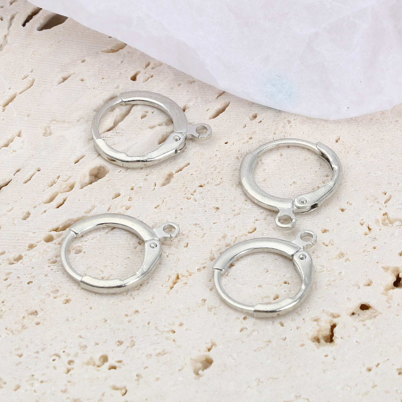 Picture of Brass Hoop Earrings Real Platinum Plated Circle Ring W/ Loop 16mm x 13mm, Post/ Wire Size: (21 gauge), 6 PCs