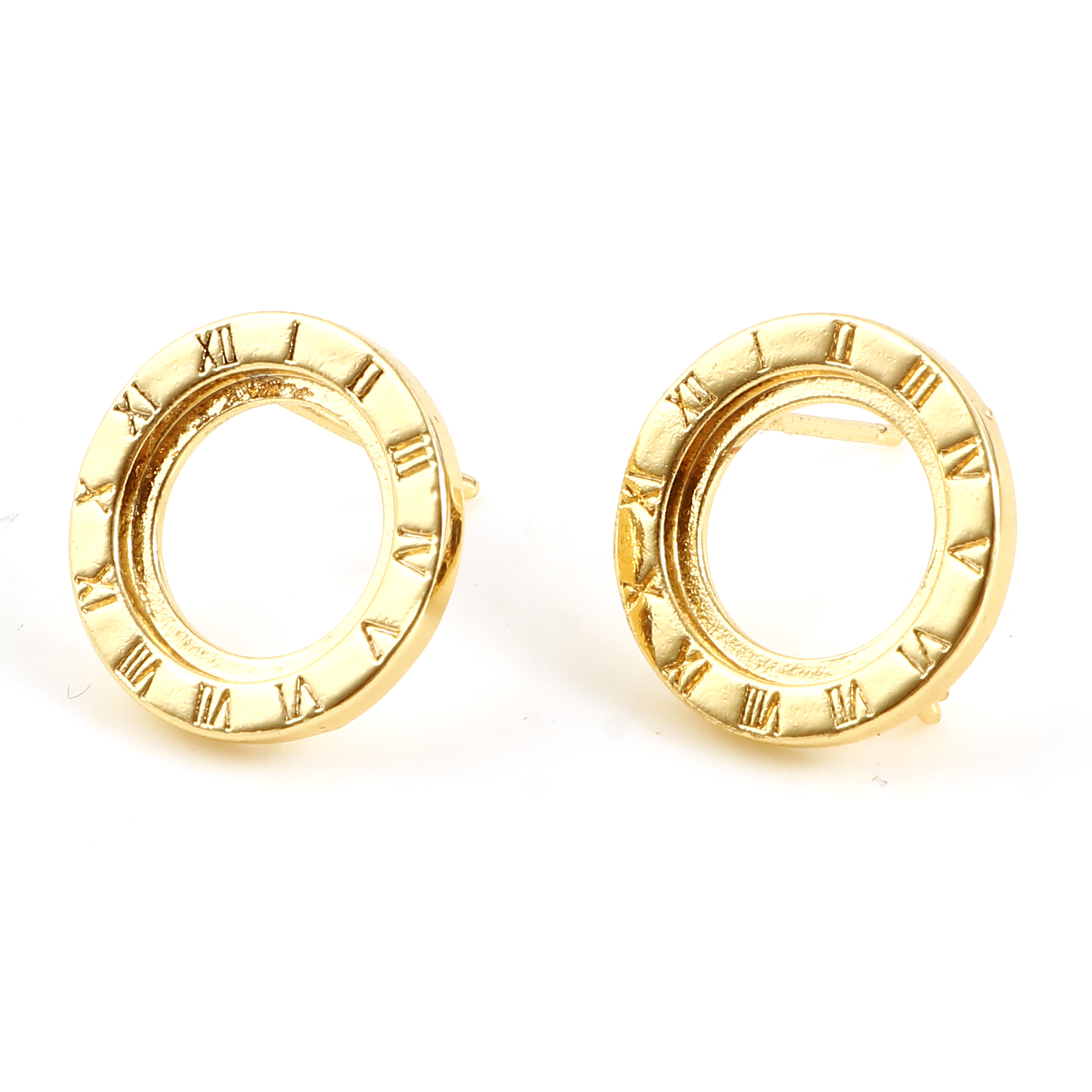 Picture of Brass Ear Post Stud Earrings 18K Real Gold Plated Round Roman Numerals W/ Loop 15mm Dia., Post/ Wire Size: (21 gauge), 2 PCs