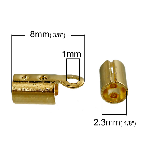 Picture of Brass Cord End Crimp Caps For Jewelry Necklace Bracelet Cylinder Gold Plated (Fits 2.3mm( 1/8") Cord) 8mm( 3/8") x 3mm( 1/8"), 200 PCs