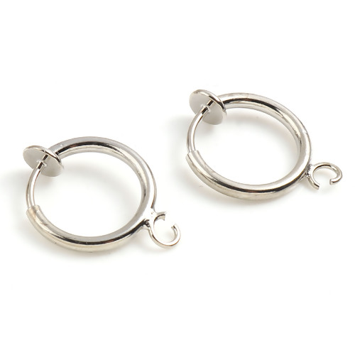Image de Boucles d'Oreilles Clips Non Perçantes en Laiton Plaqué Platine Véritable Rond avec Boucle 17mm x 13mm, 2 Pcs
