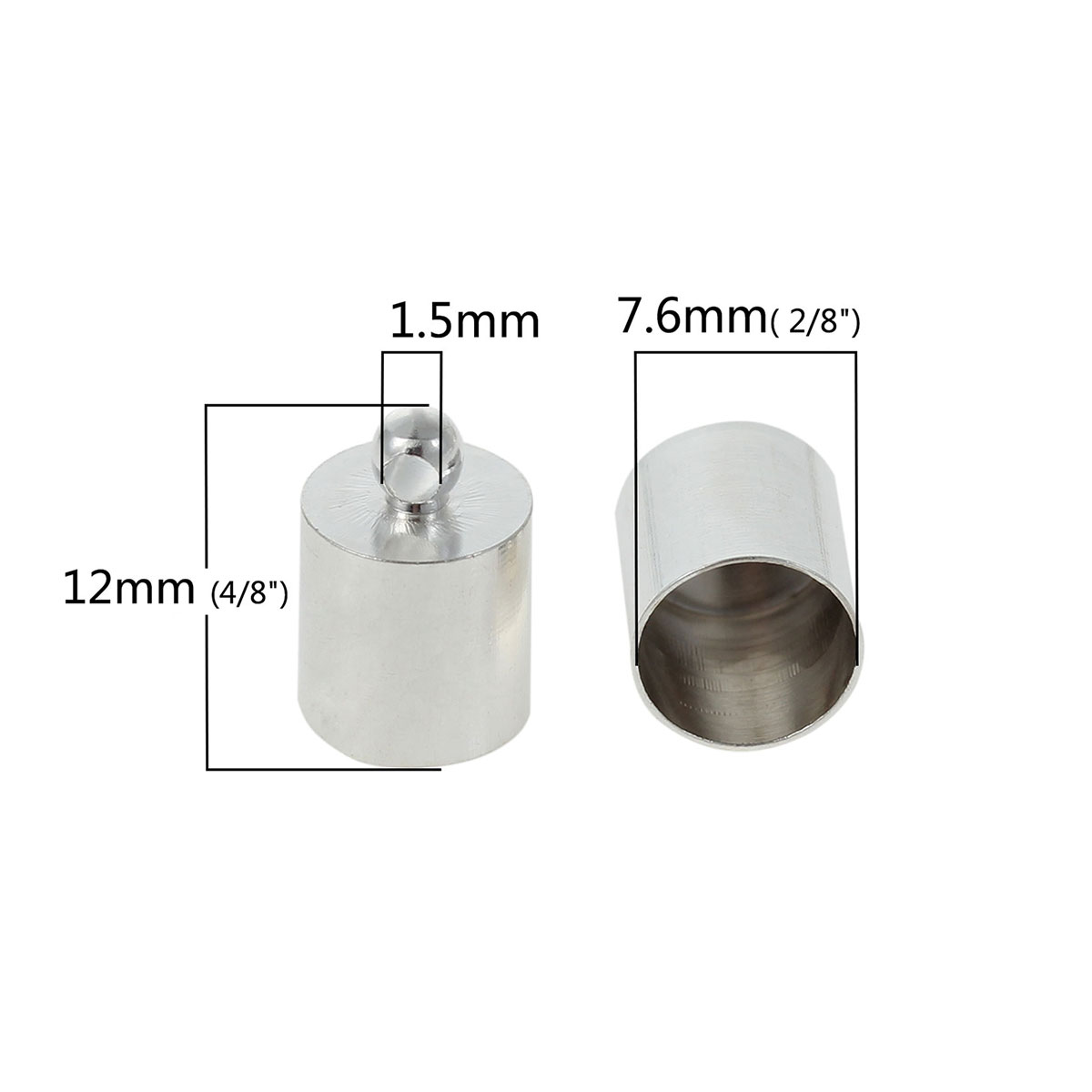 Picture of Brass Cord End Caps For Jewelry Necklace Bracelet Cylinder Silver Tone(Fits 7mm Dia. Cord)12mm( 4/8") x 8mm( 3/8"), 20 PCs
