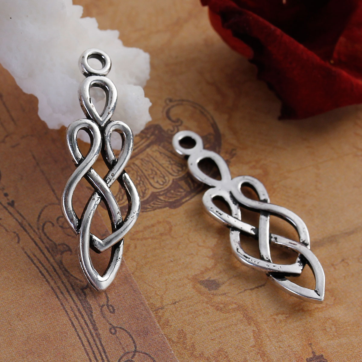 Picture of Brass Pendants Drop Antique Silver Color Celtic Knot Carved Hollow 35mm(1 3/8") x 12mm( 4/8"), 2 PCs