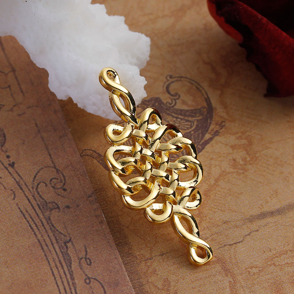Picture of Brass Connectors Findings Rhombus Gold Plated Celtic Knot Carved Hollow 35mm(1 3/8") x 18mm( 6/8"), 2 PCs