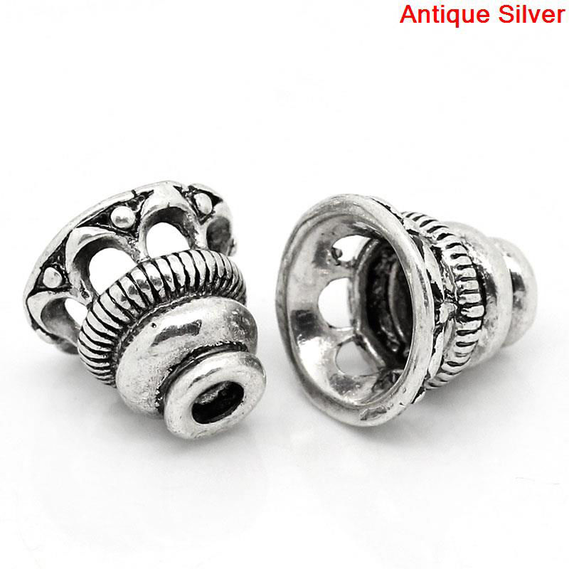 Picture of Brass Beads Caps Bell Antique Silver Color Hollow (Fits 18mm Beads) 10mm( 3/8") x 9mm( 3/8"), 1 Piece
