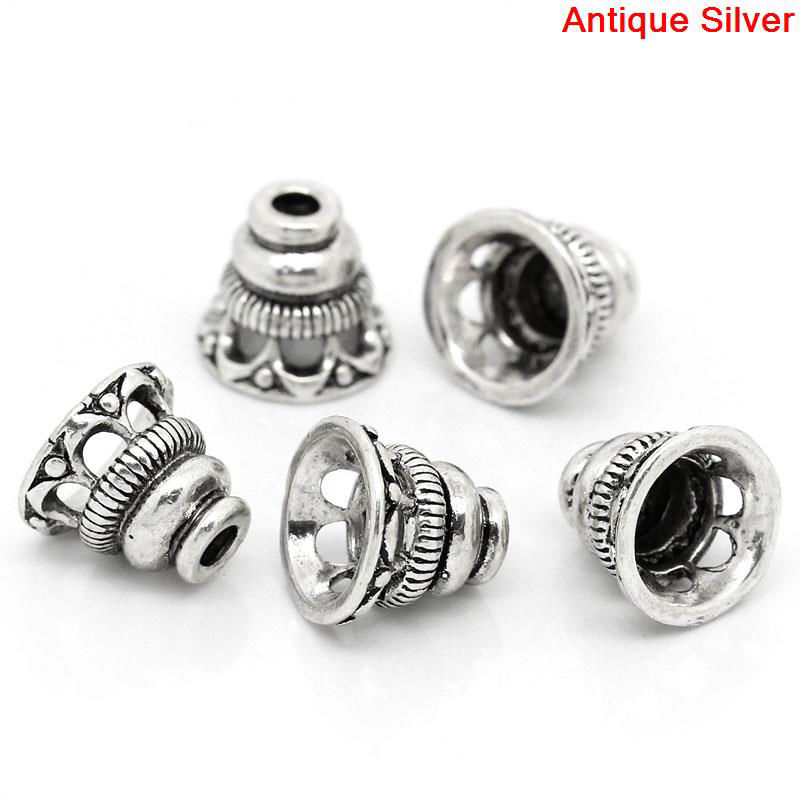 Picture of Brass Beads Caps Bell Antique Silver Color Hollow (Fits 18mm Beads) 10mm( 3/8") x 9mm( 3/8"), 1 Piece