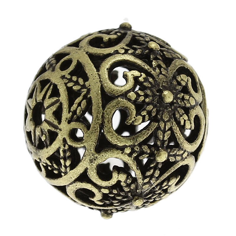 Picture of Brass Filigree Spacer Beads Round Antique Bronze Flower Hollow Carved About 17mm( 5/8") x 16mm( 5/8"), Hole:Approx 2mm, 1 Piece