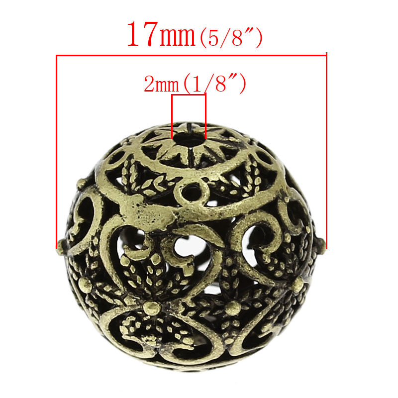 Picture of Brass Filigree Spacer Beads Round Antique Bronze Flower Hollow Carved About 17mm( 5/8") x 16mm( 5/8"), Hole:Approx 2mm, 1 Piece