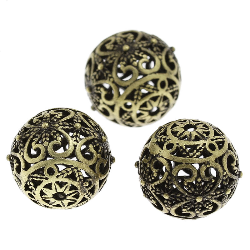 Picture of Brass Filigree Spacer Beads Round Antique Bronze Flower Hollow Carved About 17mm( 5/8") x 16mm( 5/8"), Hole:Approx 2mm, 1 Piece