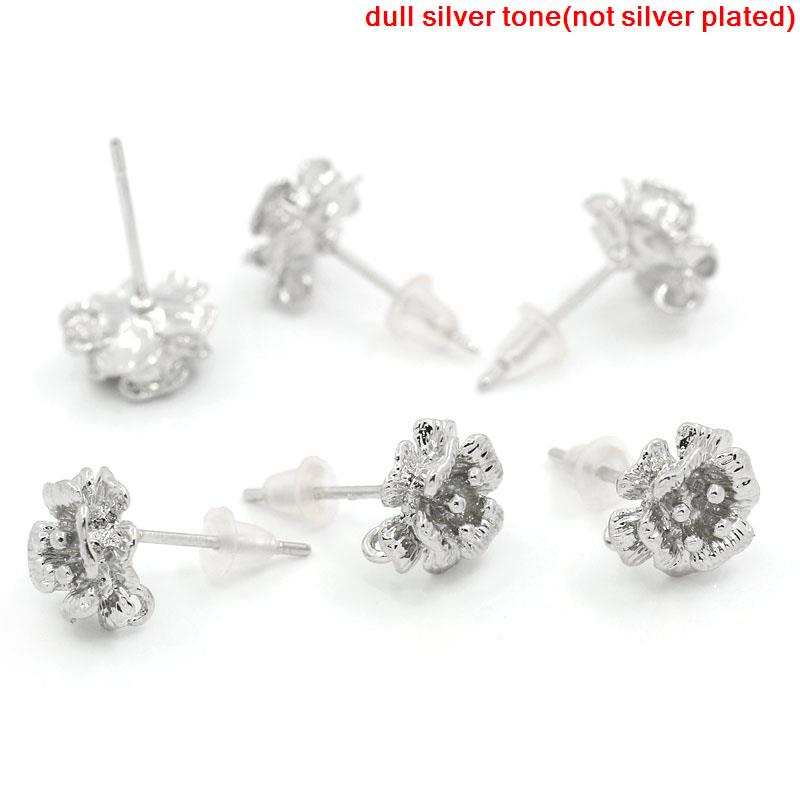Picture of Brass Ear Post Stud Earrings Findings Flower Silver Tone W/ Loop 17mm( 5/8") x 10mm( 3/8"), Post/ Wire Size: (20 gauge), 10 PCs